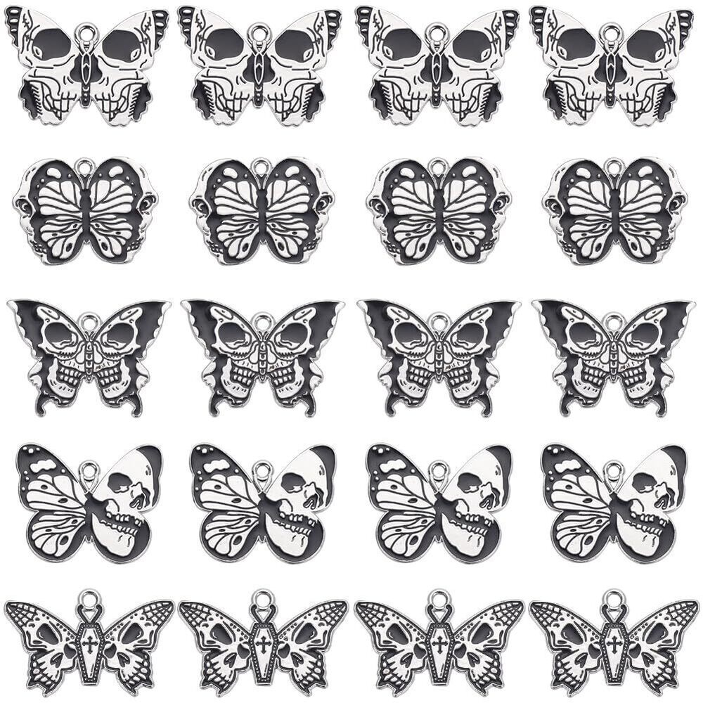 1216 1 Box 20Pcs 5 Styles Butterfly Charms Bulk Gothic Skull Charms Moth
